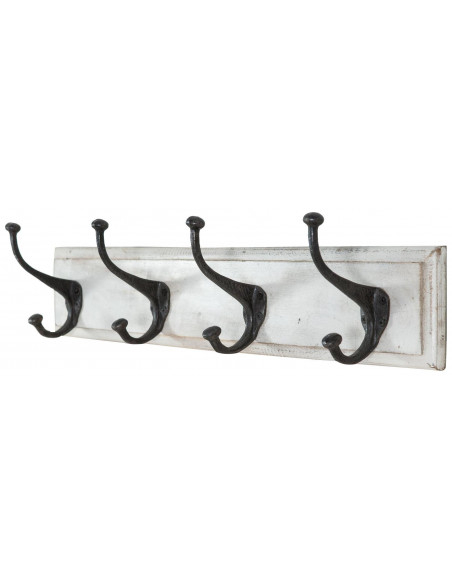 Attaccapanni da parete in legno massiccio e ferro forgiato a mano finitura bianco anticato 60x12x16  cm