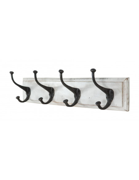 Attaccapanni da parete in legno massiccio e ferro forgiato a mano finitura bianco anticato 60x12x16  cm